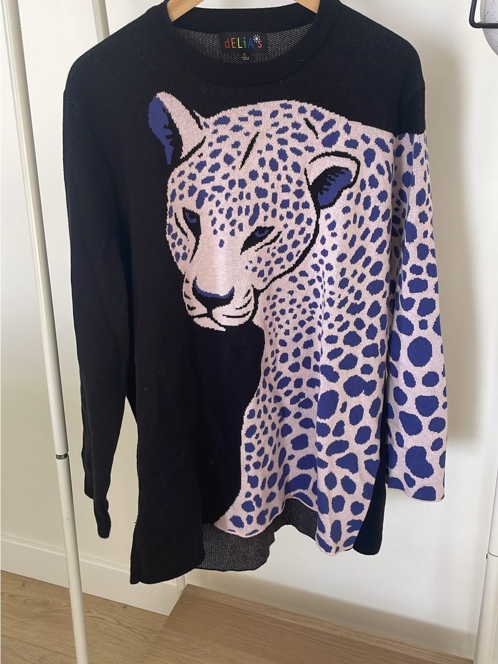 dELiA*s Black Sweater with Lilac and Purple Leopard Motif